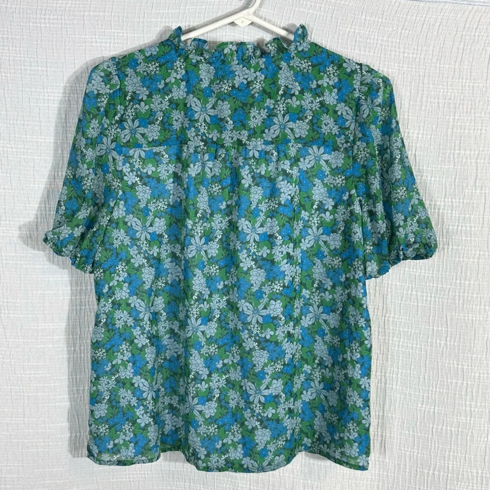 J. Crew Blue Green Floral Puff-Sleeve Blouse